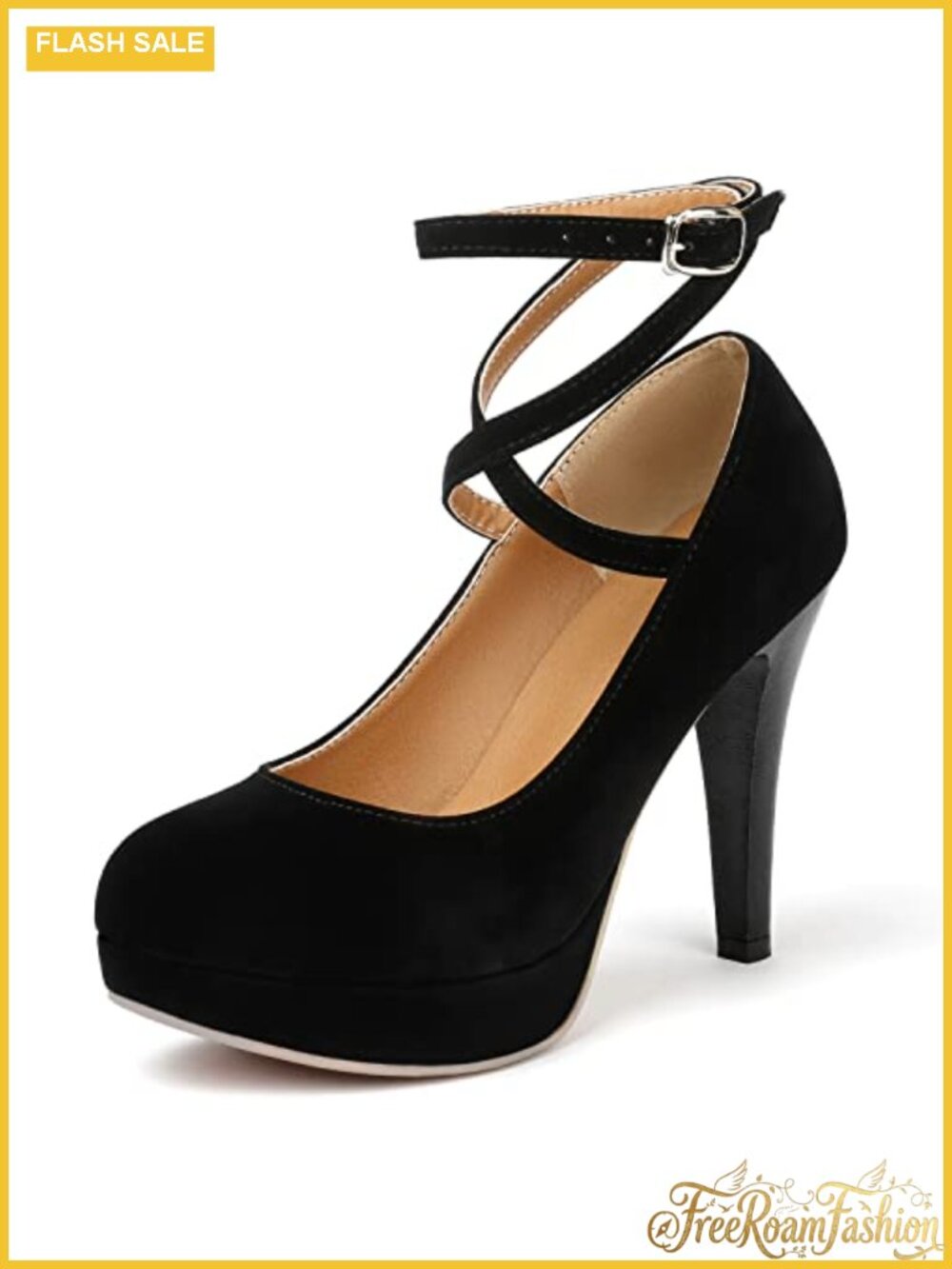 Faux Leather Platform Pumps with Buckle Ankle Strap, 4 Inch Heels